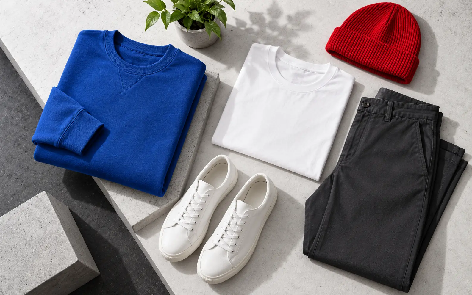 Casual clothing arranged in a clean editorial flat lay
